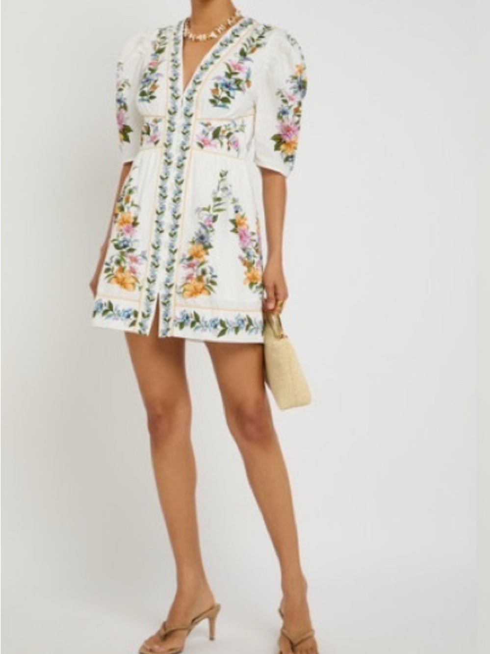 FARM Rio White Floral Embroidered Mini Dress with Yellow Piping